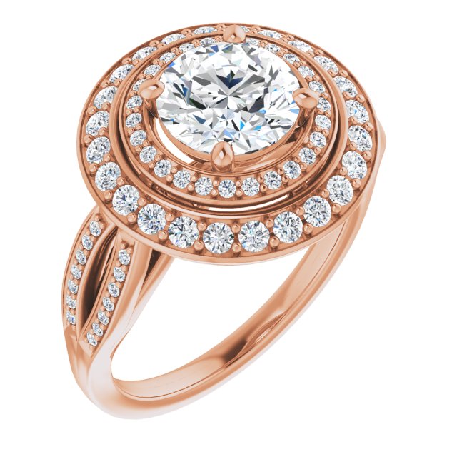 10K Rose Gold Customizable Cathedral-style Round Cut Design with Double Halo & Split-Pavé Band
