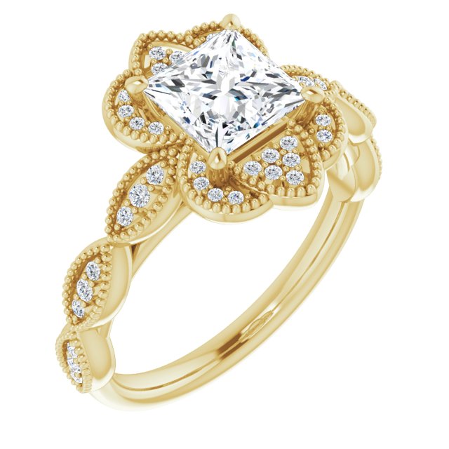 10K Yellow Gold Customizable Cathedral-style Princess/Square Cut Design with Floral Segmented Halo & Milgrain+Accents Band