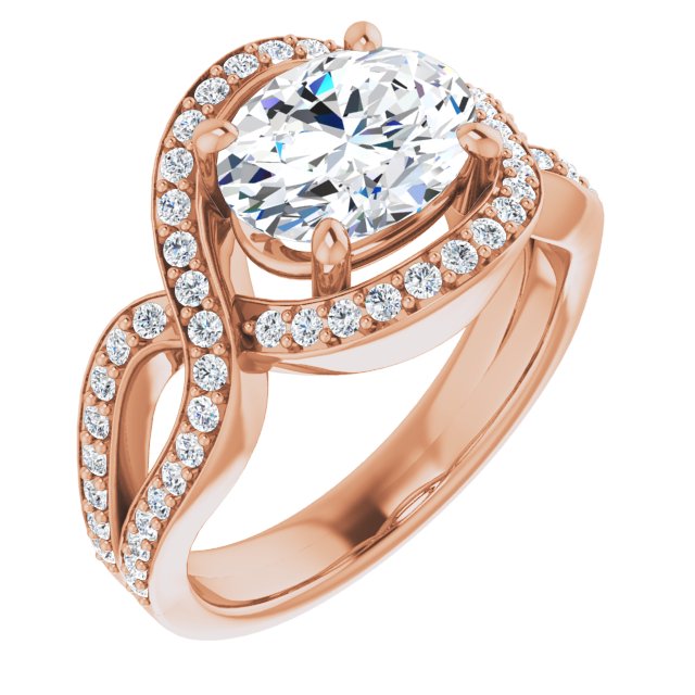 10K Rose Gold Customizable Oval Cut Center with Infinity-inspired Split Shared Prong Band and Bypass Halo
