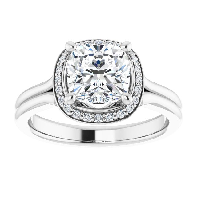 Cubic Zirconia Engagement Ring- The Ivory (Customizable Cathedral-set Cushion Cut Design with Split-band & Halo Accents)