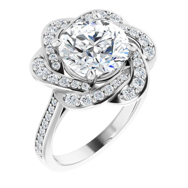 10K White Gold Customizable Cathedral-raised Round Cut Design with Floral/Knot Halo and Thin Accented Band