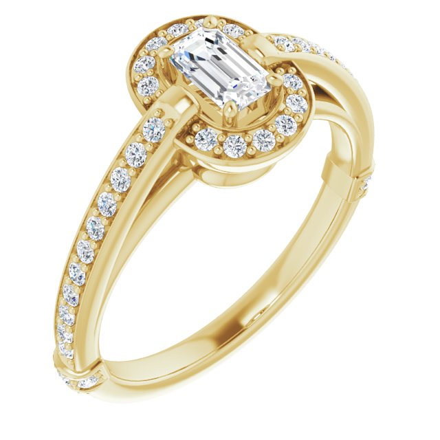 10K Yellow Gold Customizable High-Cathedral Emerald/Radiant Cut Design with Halo and Shared Prong Band