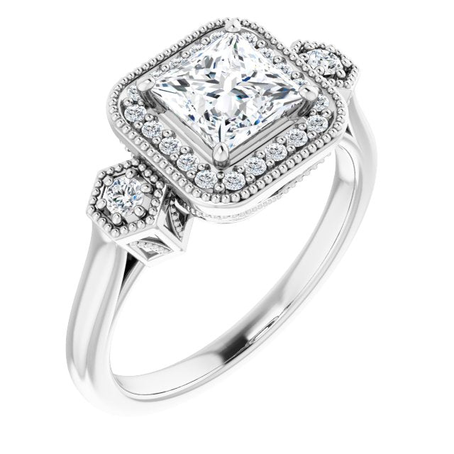 10K White Gold Customizable Cathedral Princess/Square Cut Design with Halo and Delicate Milgrain