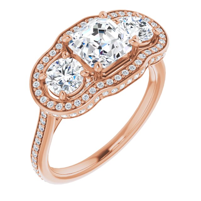 10K Rose Gold Customizable 3-stone Asscher Cut Design with Multi-Halo Enhancement and 150+-stone Pavé Band