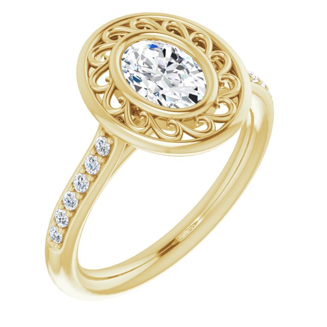 10K Yellow Gold Customizable Cathedral-Bezel Oval Cut Design with Floral Filigree and Thin Shared Prong Band