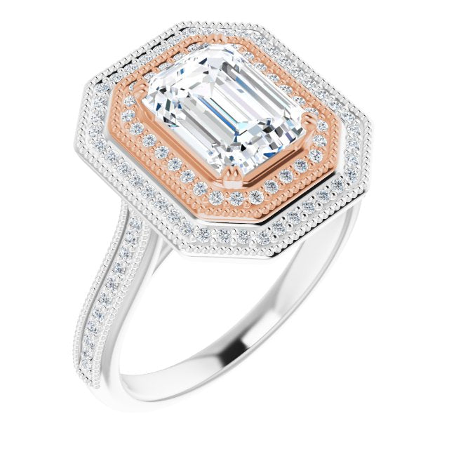 14K White & Rose Gold Customizable Emerald/Radiant Cut Design with Elegant Double Halo, Houndstooth Milgrain and Band-Channel Accents