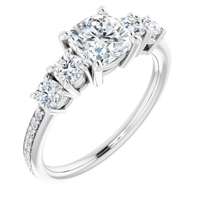 10K White Gold Customizable 5-stone Cushion Cut Design Enhanced with Accented Band
