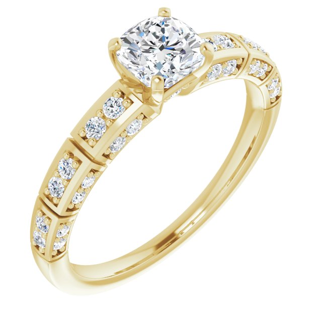 10K Yellow Gold Customizable Cushion Cut Style with Three-sided, Segmented Shared Prong Band