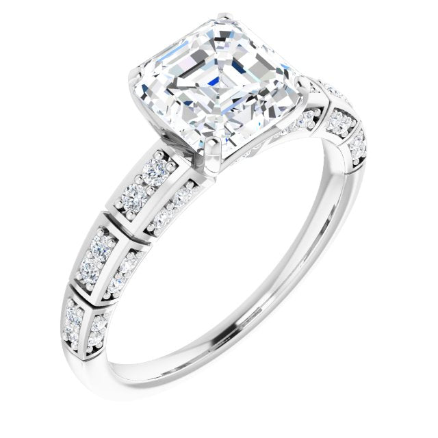 14K White Gold Customizable Asscher Cut Style with Three-sided, Segmented Shared Prong Band