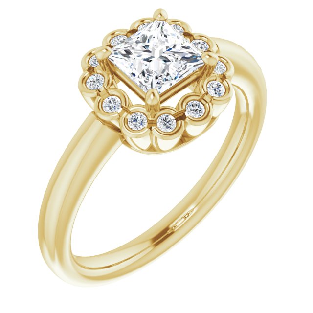 10K Yellow Gold Customizable 13-stone Princess/Square Cut Design with Floral-Halo Round Bezel Accents