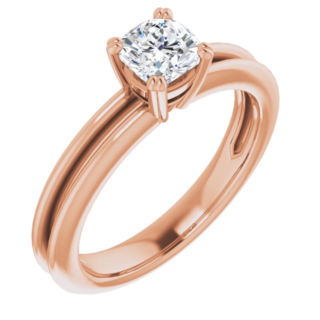 10K Rose Gold Customizable Cushion Cut Solitaire with Grooved Band