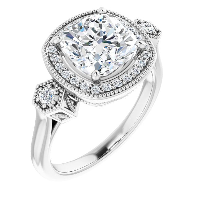 10K White Gold Customizable Cathedral Cushion Cut Design with Halo and Delicate Milgrain