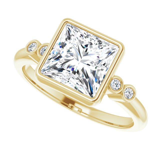 Cubic Zirconia Engagement Ring- The Mandira (Customizable 5-stone Bezel-set Princess/Square Cut Design with Quad Round-Bezel Side Stones)