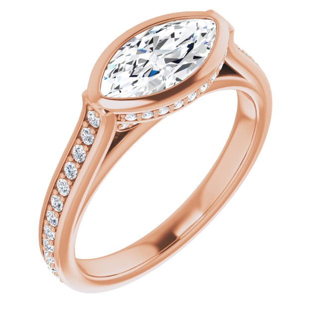 10K Rose Gold Customizable Cathedral-Bezel Marquise Cut Design with Under Halo and Shared Prong Band
