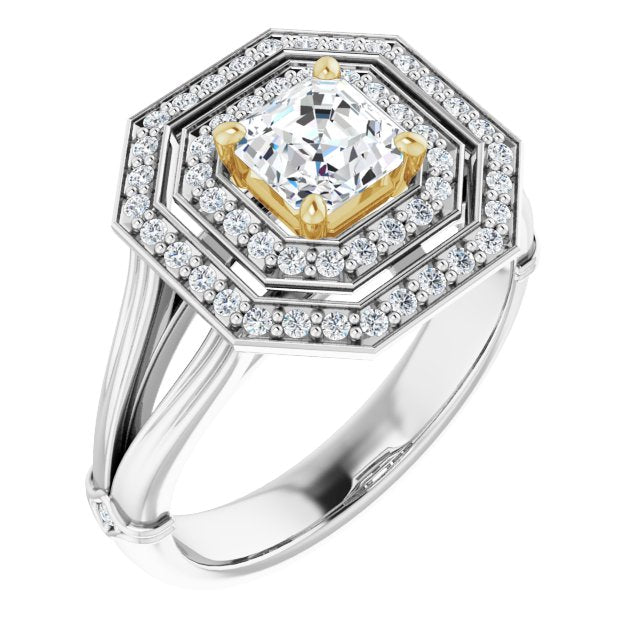 14K White & Yellow Gold Customizable Cathedral-set Asscher Cut Design with Double Halo, Wide Split Band and Side Knuckle Accents