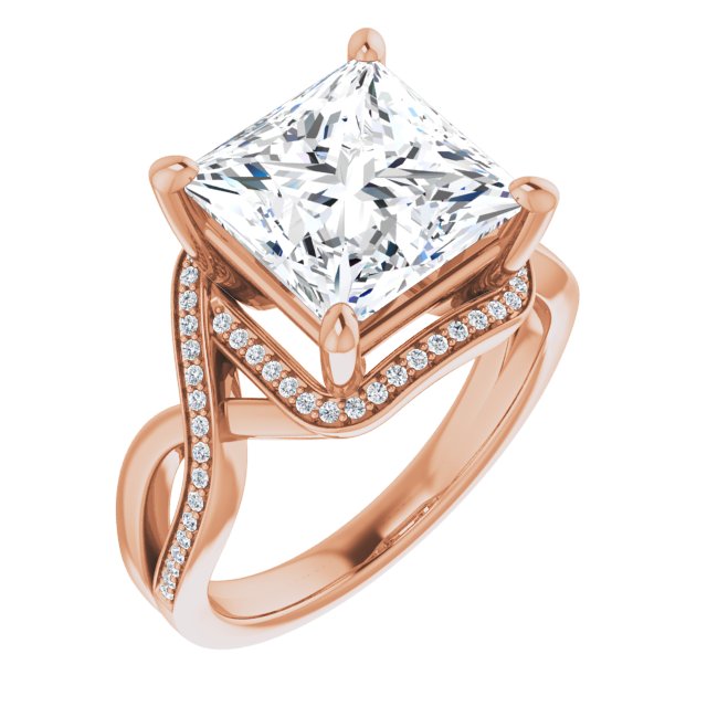 10K Rose Gold Customizable Bypass-Halo-Accented Princess/Square Cut Center with Twisting Split Shared Prong Band
