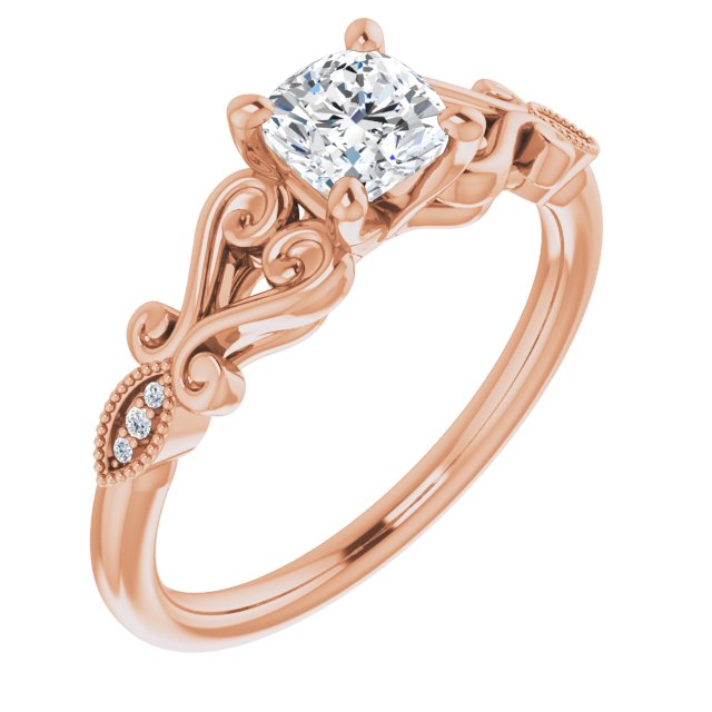 10K Rose Gold Customizable 7-stone Design with Cushion Cut Center Plus Sculptural Band and Filigree
