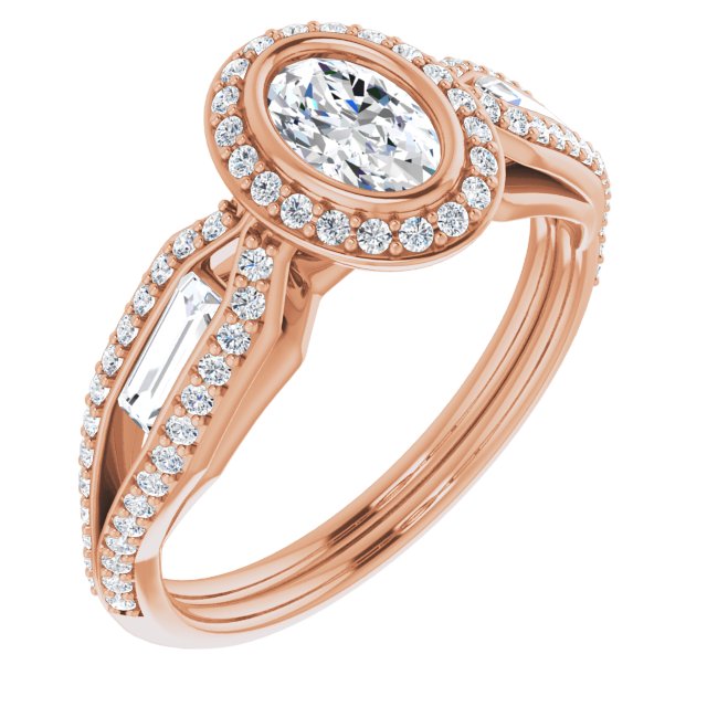 10K Rose Gold Customizable Cathedral-Bezel Oval Cut Design with Halo, Split-Pavé Band & Channel Baguettes