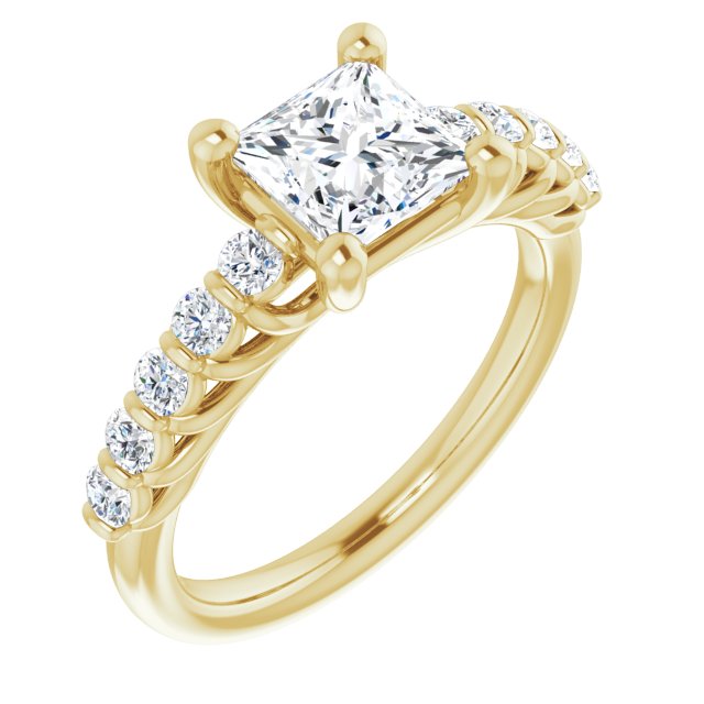 10K Yellow Gold Customizable Princess/Square Cut Style with Round Bar-set Accents