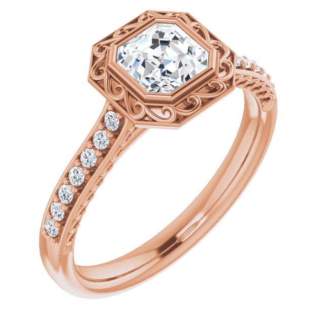 10K Rose Gold Customizable Cathedral-Bezel Asscher Cut Design featuring Accented Band with Filigree Inlay