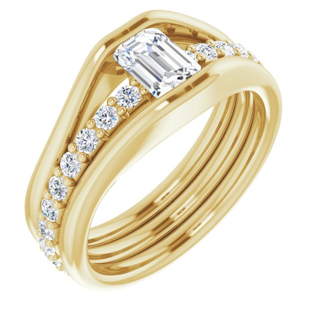 10K Yellow Gold Customizable Bezel-set Emerald/Radiant Cut Style with Thick Pavé Band