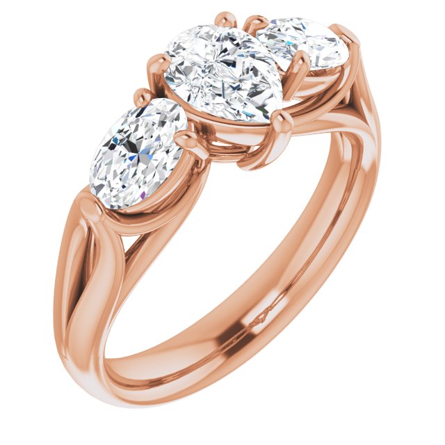10K Rose Gold Customizable Cathedral-set 3-stone Pear Cut Style with Dual Oval Cut Accents & Wide Split Band