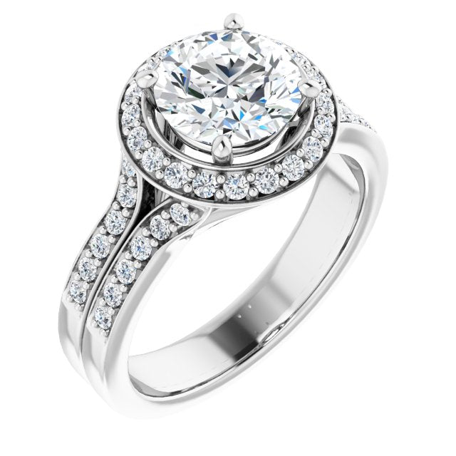 10K White Gold Customizable Round Cut Halo Style with Accented Split-Band