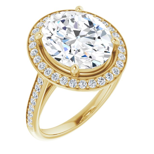 10K Yellow Gold Customizable Cathedral-raised Oval Cut Halo-and-Accented Band Design