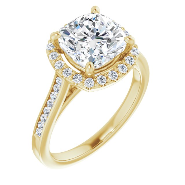 10K Yellow Gold Customizable Cushion Cut Design with Halo, Round Channel Band and Floating Peekaboo Accents