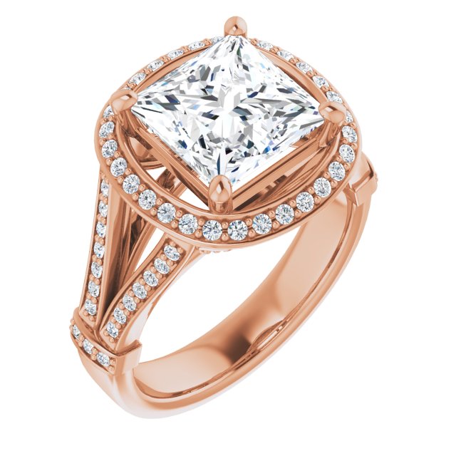 10K Rose Gold Customizable Princess/Square Cut Setting with Halo, Under-Halo Trellis Accents and Accented Split Band