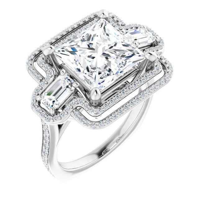 10K White Gold Customizable Enhanced 3-stone Style with Princess/Square Cut Center, Emerald Cut Accents, Double Halo and Thin Shared Prong Band