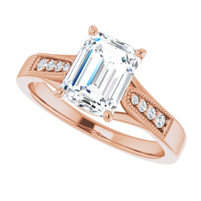 Cubic Zirconia Engagement Ring- The Ivana (Customizable 9-stone Vintage Design with Emerald Cut Center and Round Band Accents)