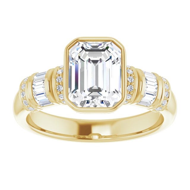 Bezel Emerald Cut Ring w/ Wide Round & Baguette Sleeve-Accented Band ...