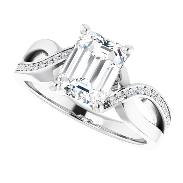 Cubic Zirconia Engagement Ring- The Asha (Customizable Emerald Cut Center with Curving Split-Band featuring One Shared Prong Leg)