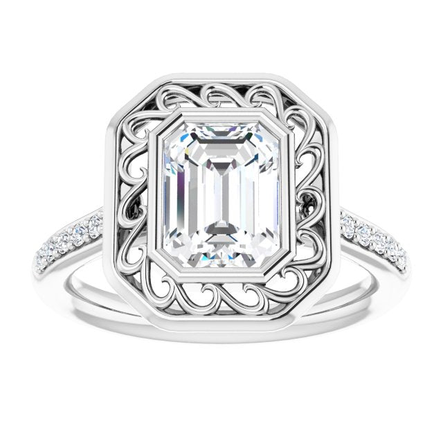 Cubic Zirconia Engagement Ring- The Hailey Belle (Customizable Cathedral-Bezel Emerald Cut Design with Floral Filigree and Thin Shared Prong Band)