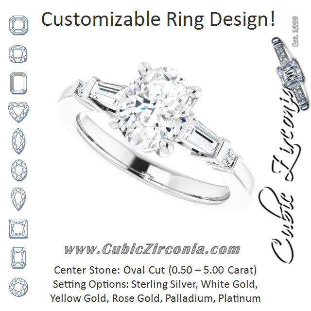 Cubic Zirconia Engagement Ring- The Belem (Customizable 5-stone Baguette+Round-Accented Oval Cut Design))