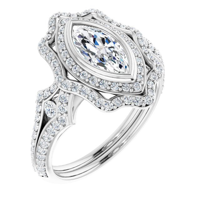 10K White Gold Customizable Marquise Cut Style with Ultra-wide Pavé Split-Band and Nature-Inspired Double Halo