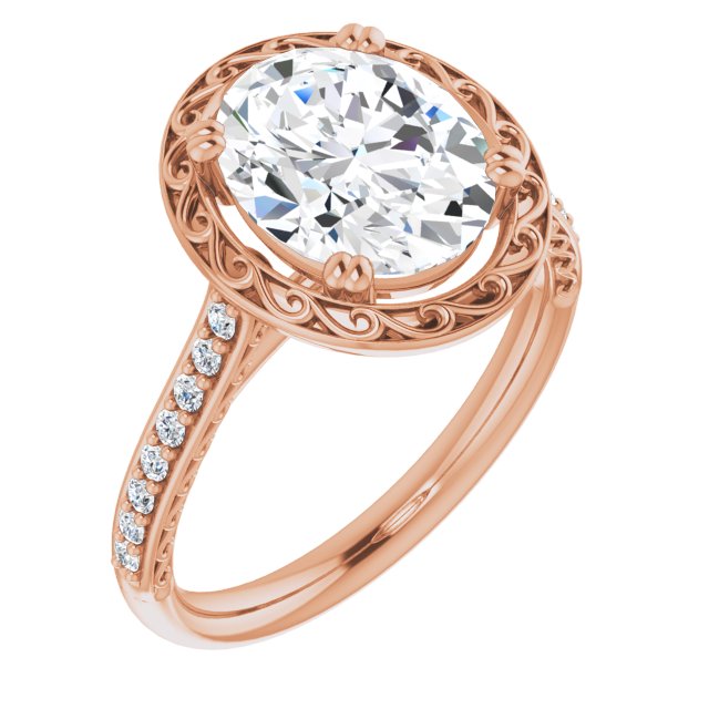 10K Rose Gold Customizable Oval Cut Halo Design with Filigree and Accented Band