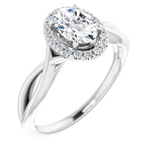 10K White Gold Customizable Cathedral-Halo Oval Cut Design with Twisting Split Band