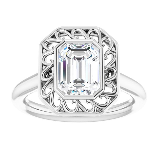 Cubic Zirconia Engagement Ring- The Addie (Customizable Cathedral-Bezel Style Emerald Cut Solitaire with Flowery Filigree)