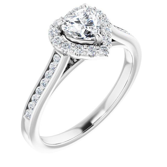 10K White Gold Customizable Heart Cut Design with Halo, Round Channel Band and Floating Peekaboo Accents