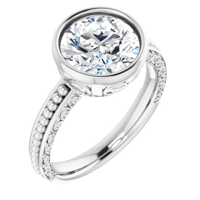 14K White Gold Customizable Bezel-set Round Cut Solitaire with Beaded and Carved Three-sided Band