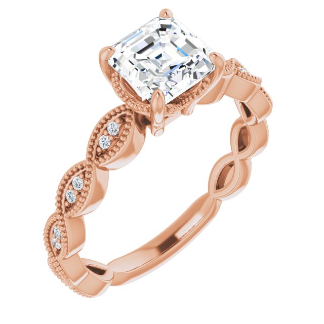 10K Rose Gold Customizable Asscher Cut Artisan Design with Scalloped, Round-Accented Band and Milgrain Detail