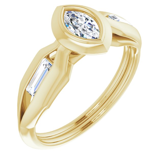 10K Yellow Gold Customizable Bezel-set Marquise Cut Design with Wide Split Band & Tension-Channel Baguette Accents