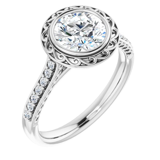 10K White Gold Customizable Cathedral-Bezel Round Cut Design featuring Accented Band with Filigree Inlay