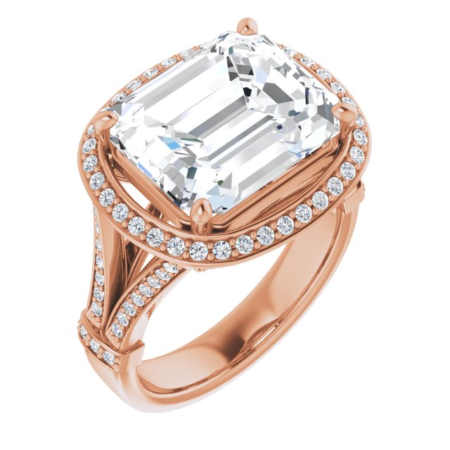 10K Rose Gold Customizable Emerald/Radiant Cut Setting with Halo, Under-Halo Trellis Accents and Accented Split Band