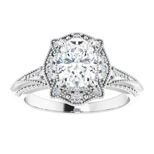 Cubic Zirconia Engagement Ring- The Ashton (Customizable Vintage Oval Cut Design with Beaded Milgrain and Starburst Semi-Halo)