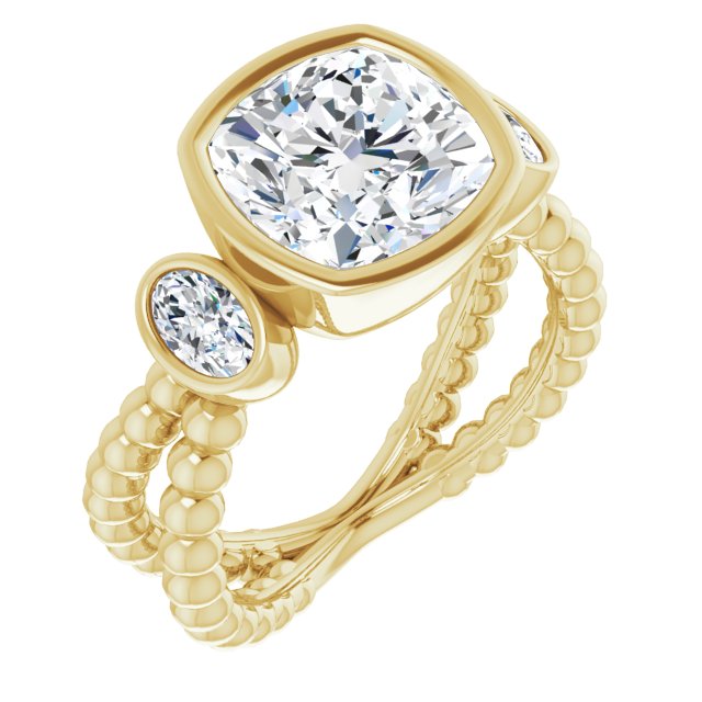 10K Yellow Gold Customizable 3-stone Cushion Cut Design with 2 Oval Cut Side Stones and Wide, Bubble-Bead Split-Band