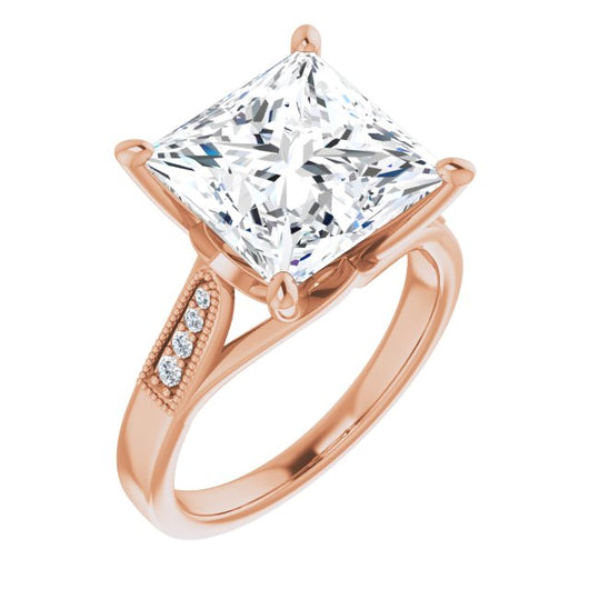 10K Rose Gold Customizable 9-stone Vintage Design with Princess/Square Cut Center and Round Band Accents