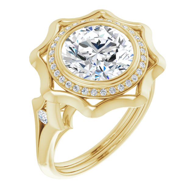 10K Yellow Gold Customizable Bezel-set Round Cut with Halo & Oversized Floral Design